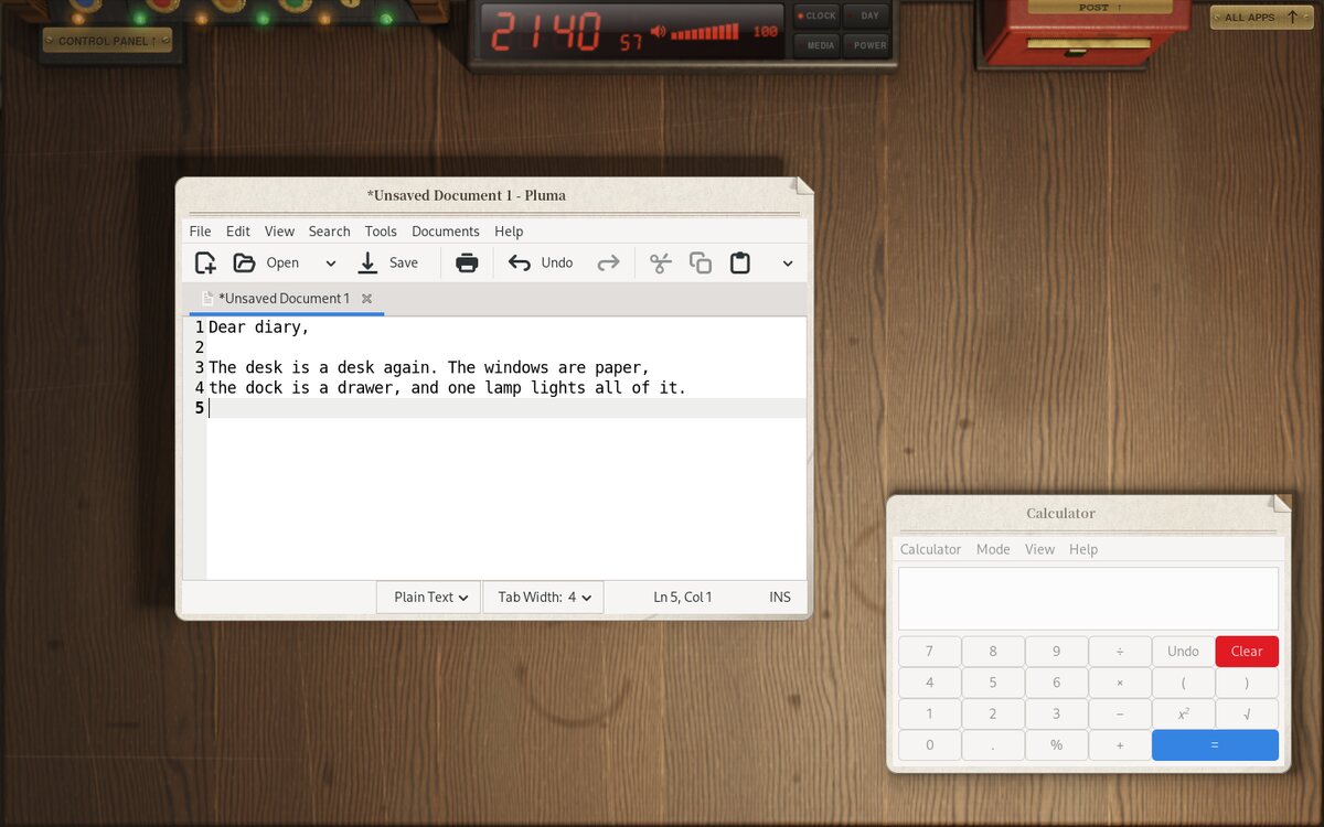 The DEsk desktop: two programs on sheets of paper on a walnut desk, the clock, the Control Panel at the back left and the post box at the back right